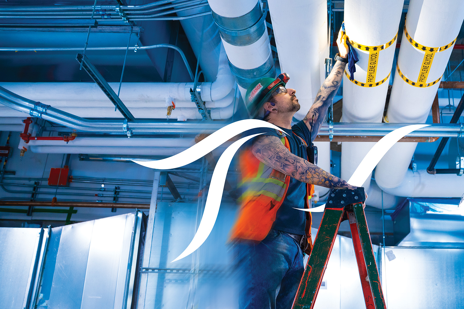 A worker in a safety vest and helmet inspects insulated mechanical piping on the ceiling, standing on a ladder in a technical room, with the SCV Enercor logo overlaid